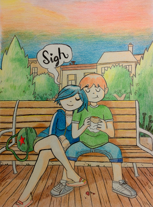 Scott Pilgrim and Ramona Flowers on a park bench, content with each other.